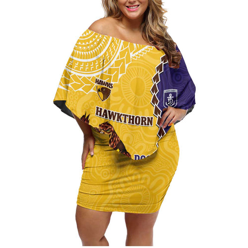 Custom Dockers And Hawks Football Family Matching Off Shoulder Short Dress and Hawaiian Shirt Aboriginal Mix Polynesian Pattern