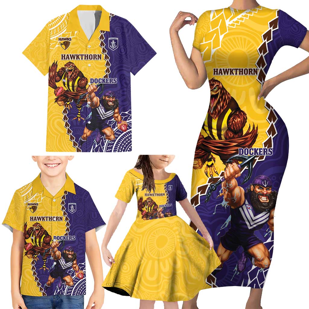 Custom Dockers And Hawks Football Family Matching Short Sleeve Bodycon Dress and Hawaiian Shirt Aboriginal Mix Polynesian Pattern