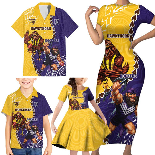 Custom Dockers And Hawks Football Family Matching Short Sleeve Bodycon Dress and Hawaiian Shirt Aboriginal Mix Polynesian Pattern