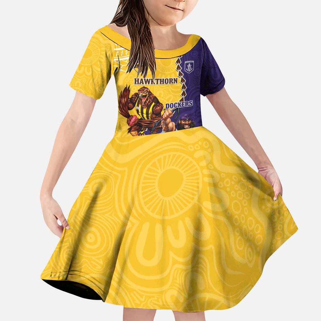 Custom Dockers And Hawks Football Kid Short Sleeve Dress Aboriginal Mix Polynesian Pattern