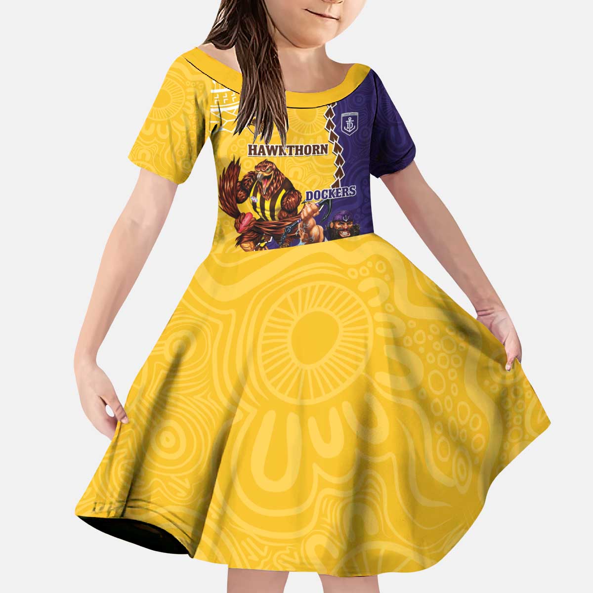 Custom Dockers And Hawks Football Kid Short Sleeve Dress Aboriginal Mix Polynesian Pattern