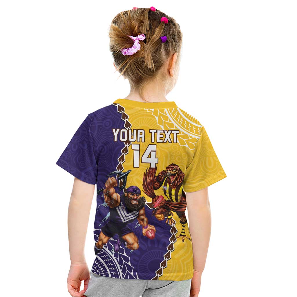Custom Dockers And Hawks Football Kid T Shirt Aboriginal Mix Polynesian Pattern