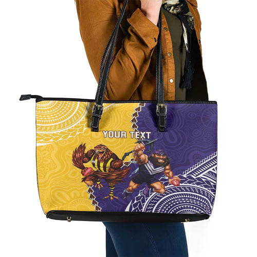 Custom Dockers And Hawks Football Leather Tote Bag Aboriginal Mix Polynesian Pattern