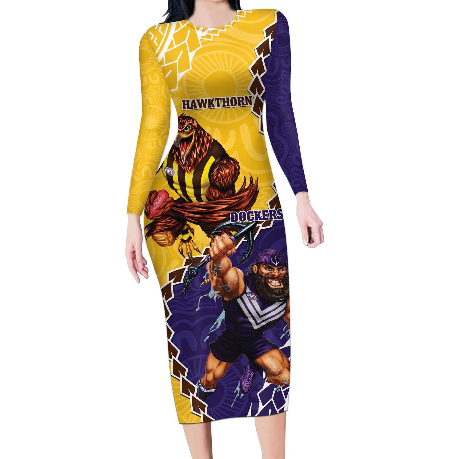 Custom Dockers And Hawks Football Long Sleeve Bodycon Dress Aboriginal Mix Polynesian Pattern
