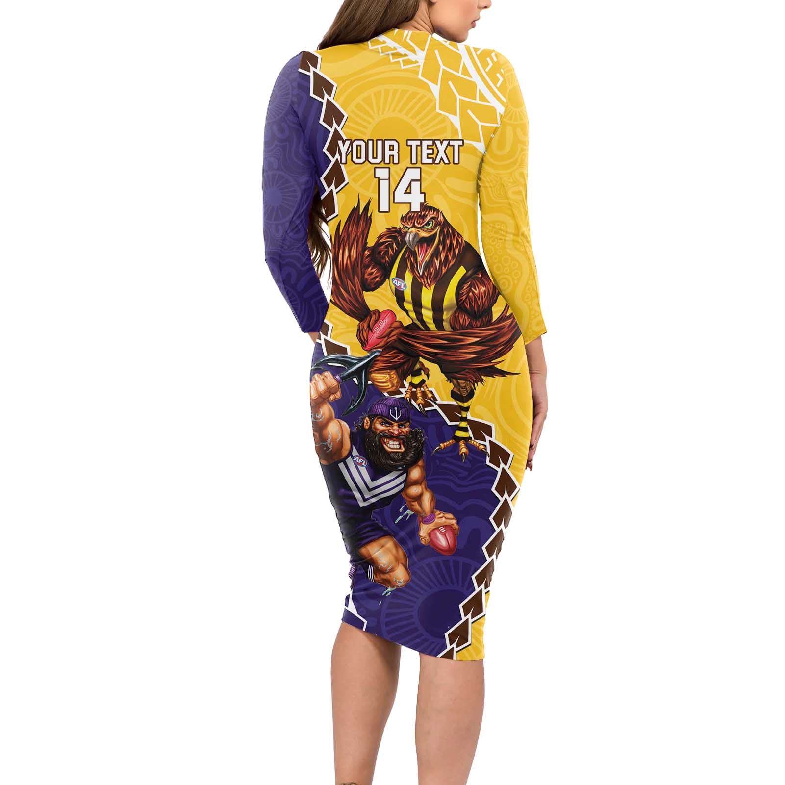 Custom Dockers And Hawks Football Long Sleeve Bodycon Dress Aboriginal Mix Polynesian Pattern