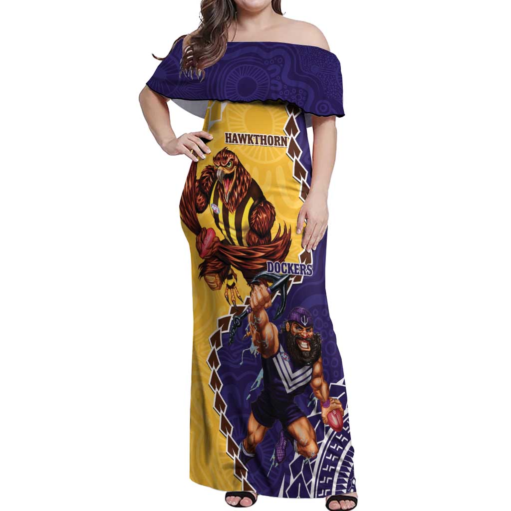Custom Dockers And Hawks Football Off Shoulder Maxi Dress Aboriginal Mix Polynesian Pattern