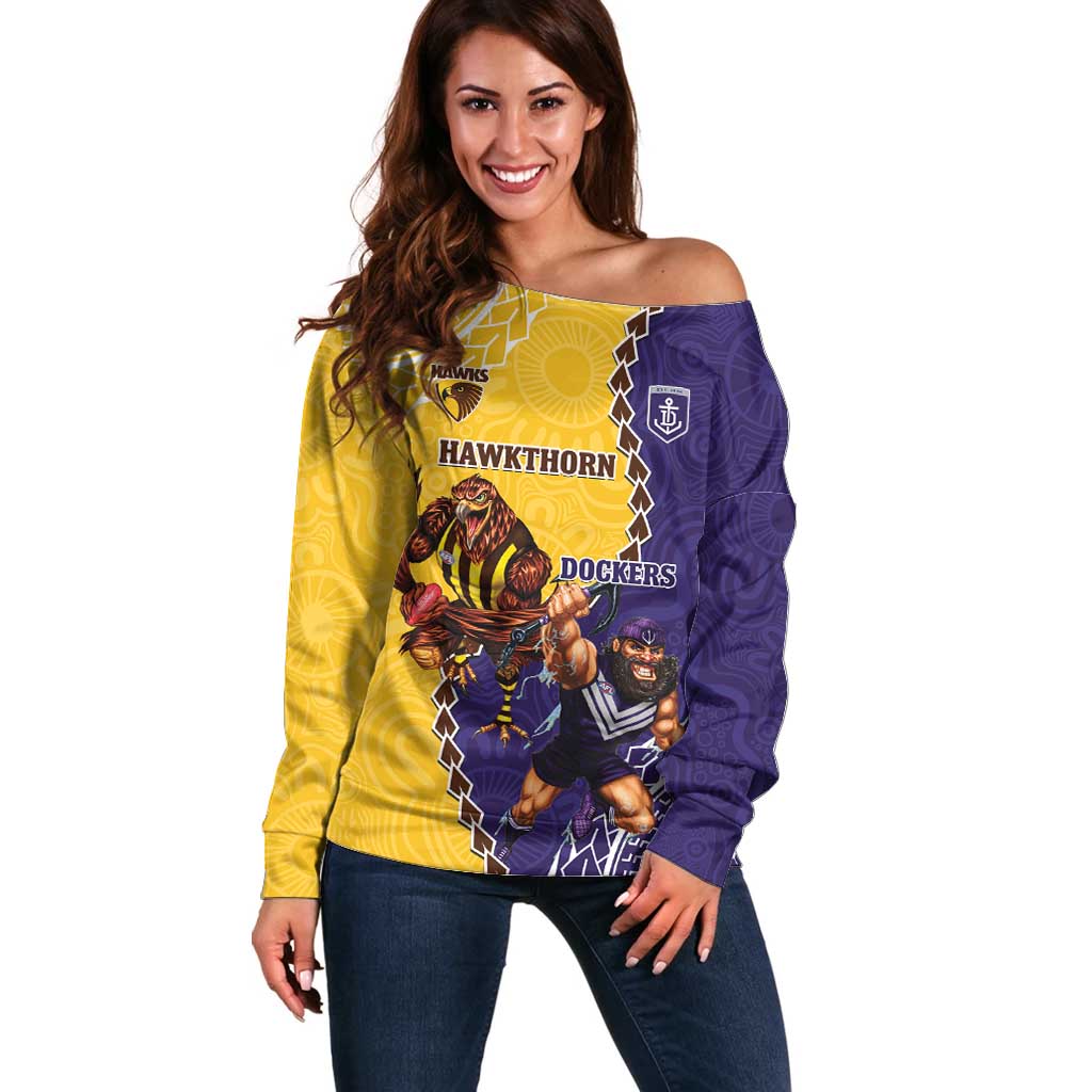 Custom Dockers And Hawks Football Off Shoulder Sweater Aboriginal Mix Polynesian Pattern