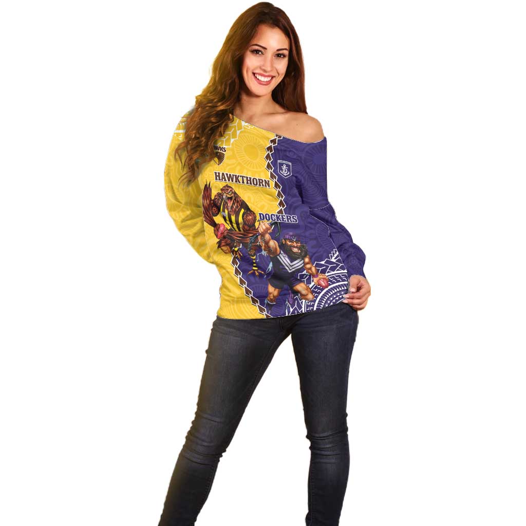 Custom Dockers And Hawks Football Off Shoulder Sweater Aboriginal Mix Polynesian Pattern