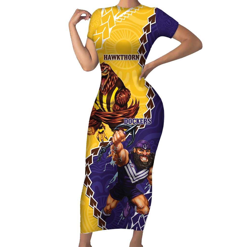 Custom Dockers And Hawks Football Short Sleeve Bodycon Dress Aboriginal Mix Polynesian Pattern