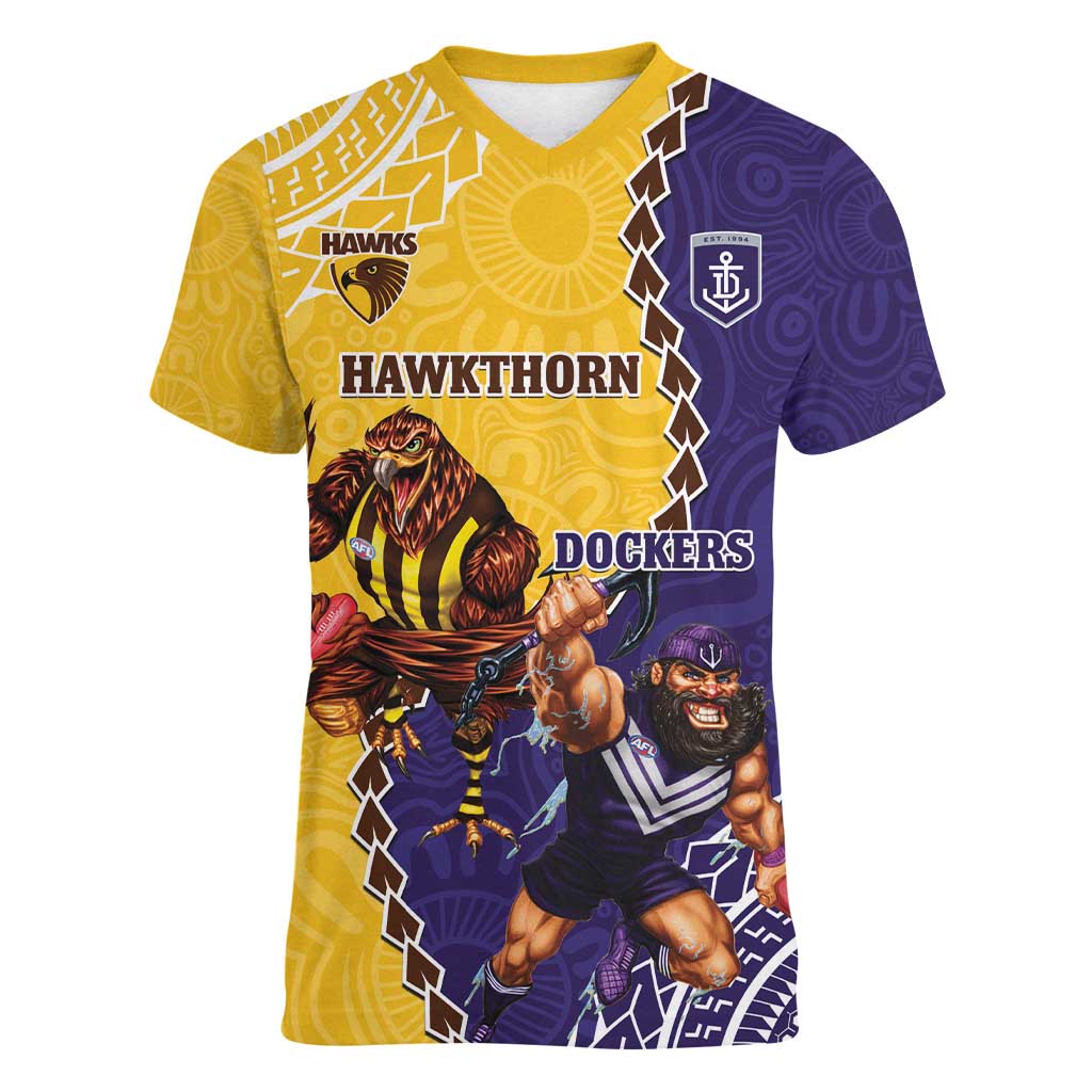 Custom Dockers And Hawks Football Women V-Neck T-Shirt Aboriginal Mix Polynesian Pattern