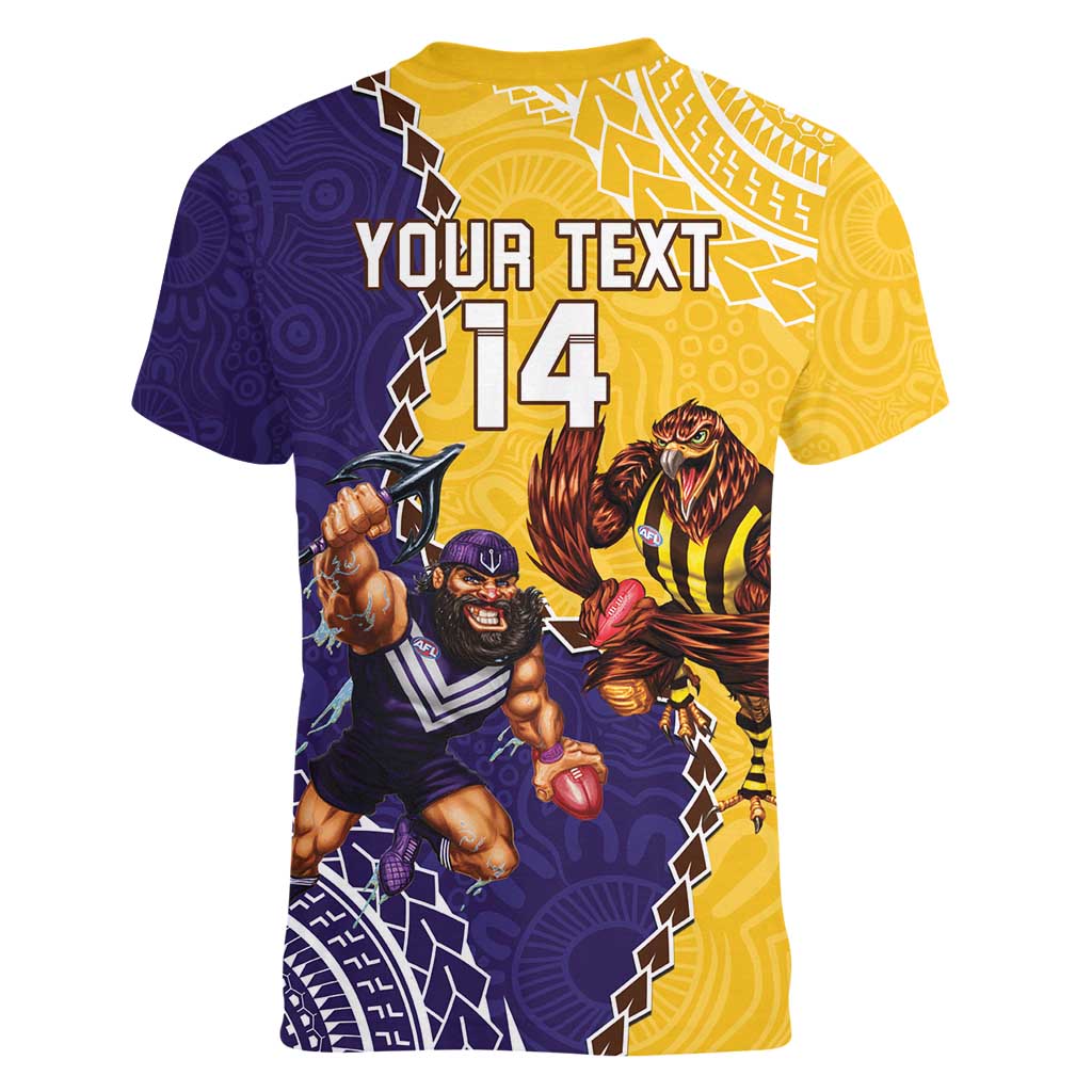 Custom Dockers And Hawks Football Women V-Neck T-Shirt Aboriginal Mix Polynesian Pattern