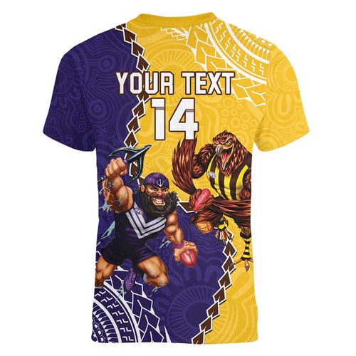 Custom Dockers And Hawks Football Women V-Neck T-Shirt Aboriginal Mix Polynesian Pattern