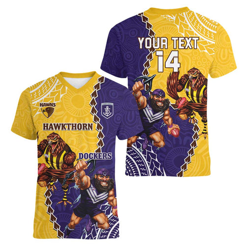 Custom Dockers And Hawks Football Women V-Neck T-Shirt Aboriginal Mix Polynesian Pattern