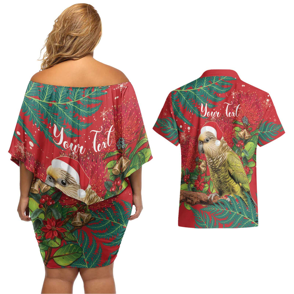 Personalised New Zealand Kakapo Christmas Couples Matching Off Shoulder Short Dress and Hawaiian Shirt Meri Kirihimete Silver Fern Mix Pohutukawa