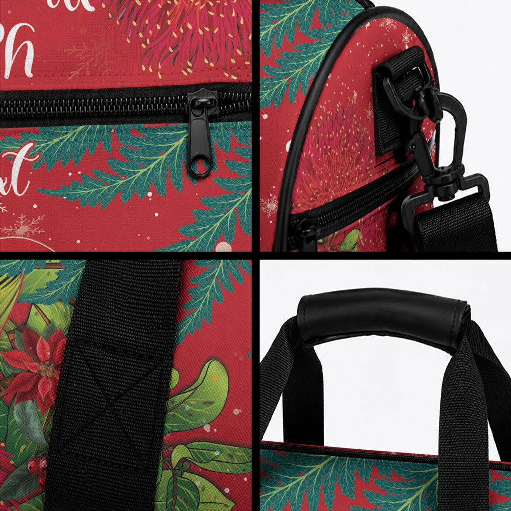 Personalised New Zealand Kakapo Christmas Duffle Bag Meri Kirihimete Silver Fern Mix Pohutukawa