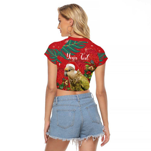 Personalised New Zealand Kakapo Christmas Raglan Cropped T Shirt Meri Kirihimete Silver Fern Mix Pohutukawa