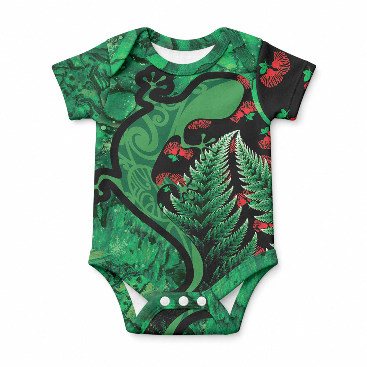 New Zealand Gecko Christmas Baby Onesie Meri Kirihimete Paua Shell Mix Pohutukawa