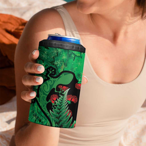 New Zealand Gecko Christmas 4 in 1 Can Cooler Tumbler Meri Kirihimete Paua Shell Mix Pohutukawa
