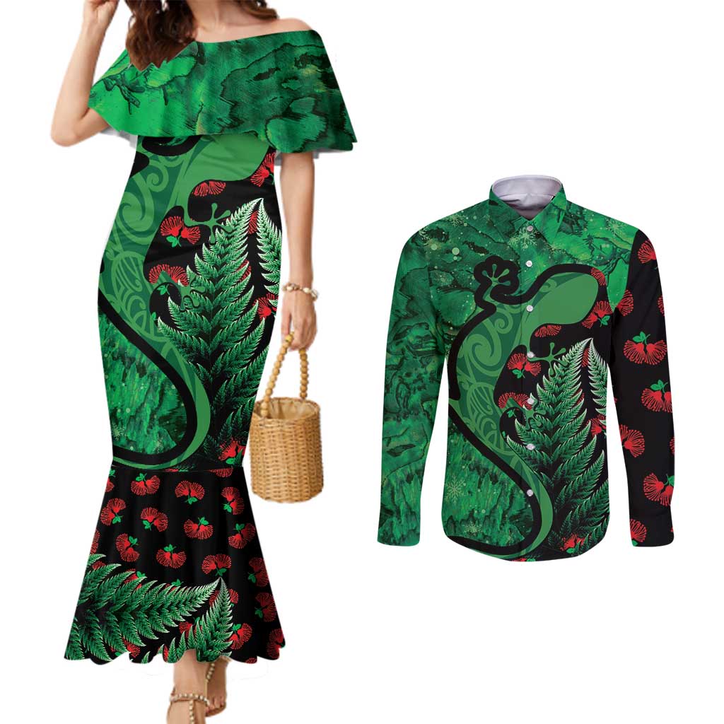 New Zealand Gecko Christmas Couples Matching Mermaid Dress and Long Sleeve Button Shirt Meri Kirihimete Paua Shell Mix Pohutukawa