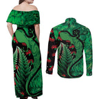 New Zealand Gecko Christmas Couples Matching Off Shoulder Maxi Dress and Long Sleeve Button Shirt Meri Kirihimete Paua Shell Mix Pohutukawa