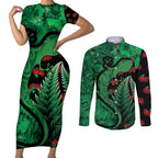 New Zealand Gecko Christmas Couples Matching Short Sleeve Bodycon Dress and Long Sleeve Button Shirt Meri Kirihimete Paua Shell Mix Pohutukawa