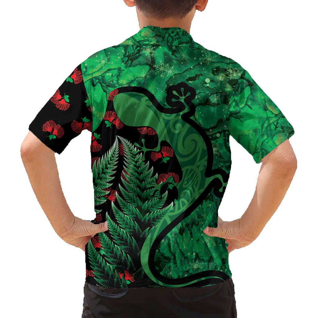 New Zealand Gecko Christmas Family Matching Off The Shoulder Long Sleeve Dress and Hawaiian Shirt Meri Kirihimete Paua Shell Mix Pohutukawa