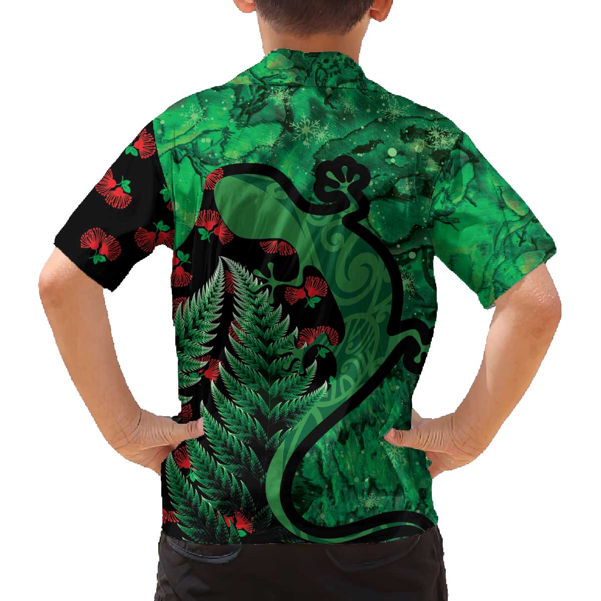 New Zealand Gecko Christmas Family Matching Off The Shoulder Long Sleeve Dress and Hawaiian Shirt Meri Kirihimete Paua Shell Mix Pohutukawa