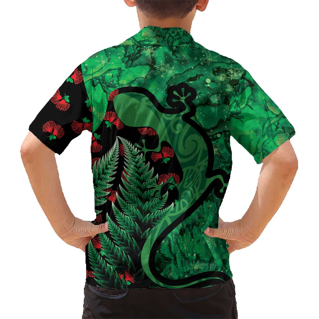 New Zealand Gecko Christmas Kid Hawaiian Shirt Meri Kirihimete Paua Shell Mix Pohutukawa