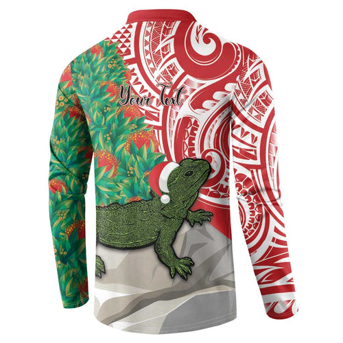 Personalised New Zealand Tuatara Christmas Button Sweatshirt Meri Kirihimete Aotearoa Maori Mix Pohutukawa