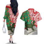 Personalised New Zealand Tuatara Christmas Couples Matching Off The Shoulder Long Sleeve Dress and Hawaiian Shirt Meri Kirihimete Aotearoa Maori Mix Pohutukawa