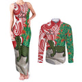 Personalised New Zealand Tuatara Christmas Couples Matching Tank Maxi Dress and Long Sleeve Button Shirt Meri Kirihimete Aotearoa Maori Mix Pohutukawa