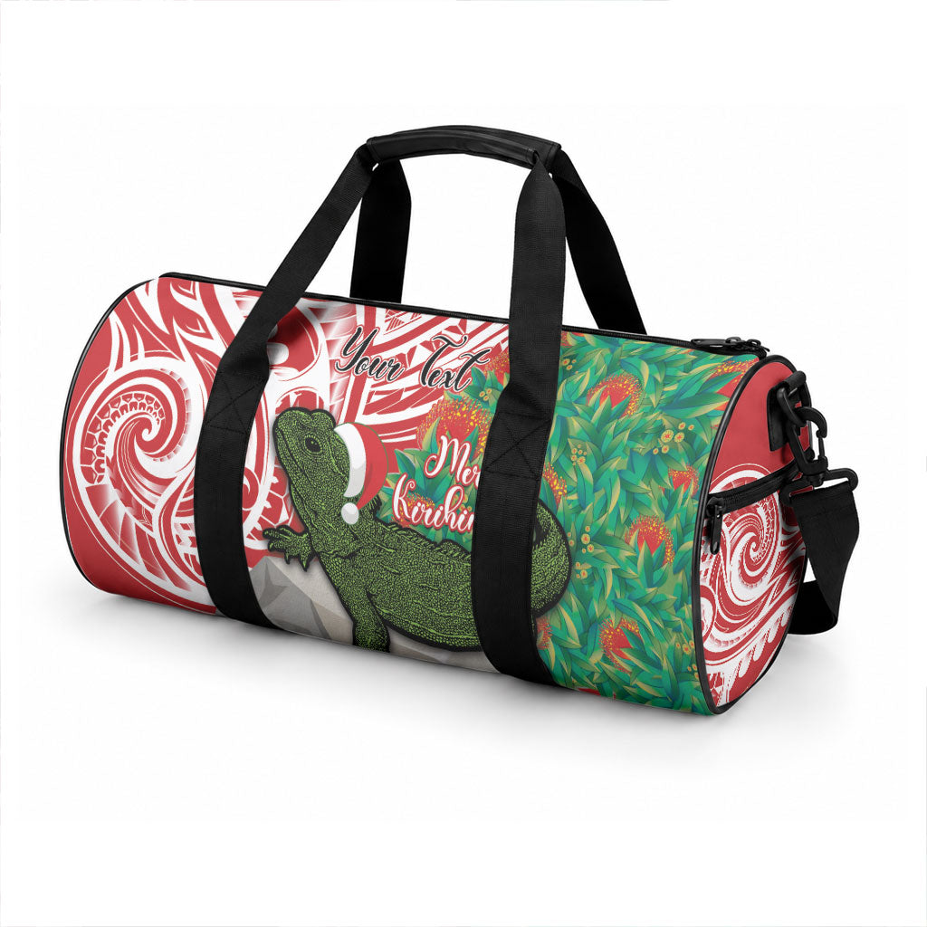 Personalised New Zealand Tuatara Christmas Duffle Bag Meri Kirihimete Aotearoa Maori Mix Pohutukawa