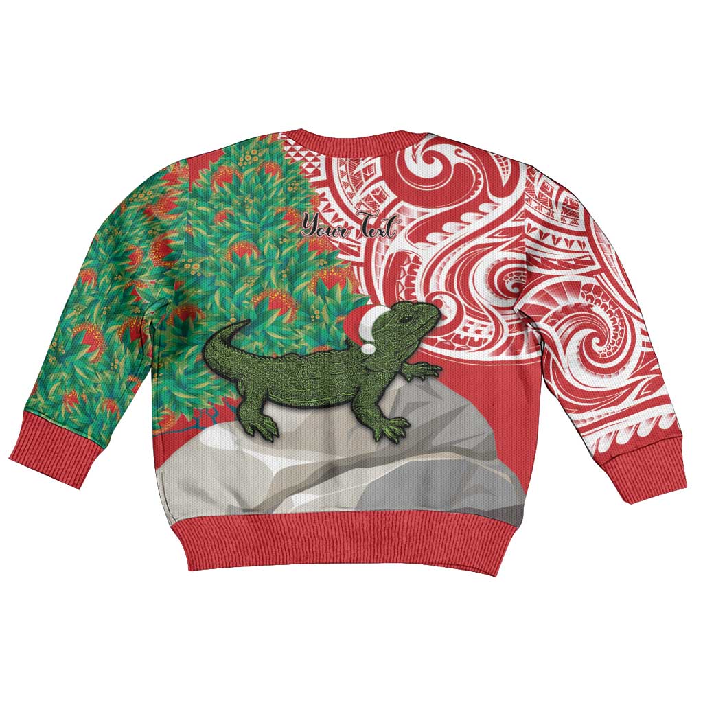 Personalised New Zealand Tuatara Christmas Kid Ugly Christmas Sweater Meri Kirihimete Aotearoa Maori Mix Pohutukawa