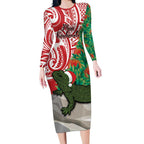 Personalised New Zealand Tuatara Christmas Long Sleeve Bodycon Dress Meri Kirihimete Aotearoa Maori Mix Pohutukawa