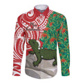 Personalised New Zealand Tuatara Christmas Long Sleeve Button Shirt Meri Kirihimete Aotearoa Maori Mix Pohutukawa
