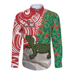 Personalised New Zealand Tuatara Christmas Long Sleeve Button Shirt Meri Kirihimete Aotearoa Maori Mix Pohutukawa