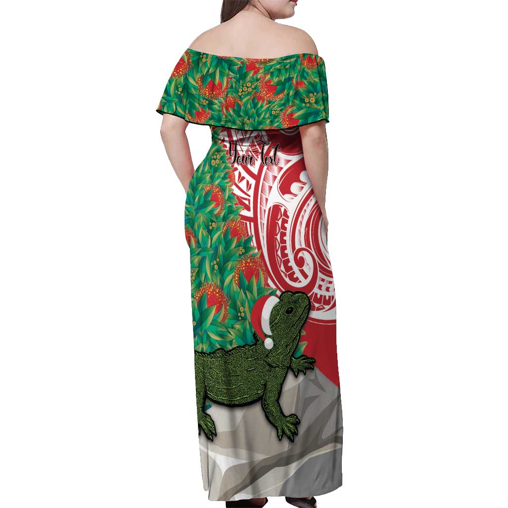 Personalised New Zealand Tuatara Christmas Off Shoulder Maxi Dress Meri Kirihimete Aotearoa Maori Mix Pohutukawa