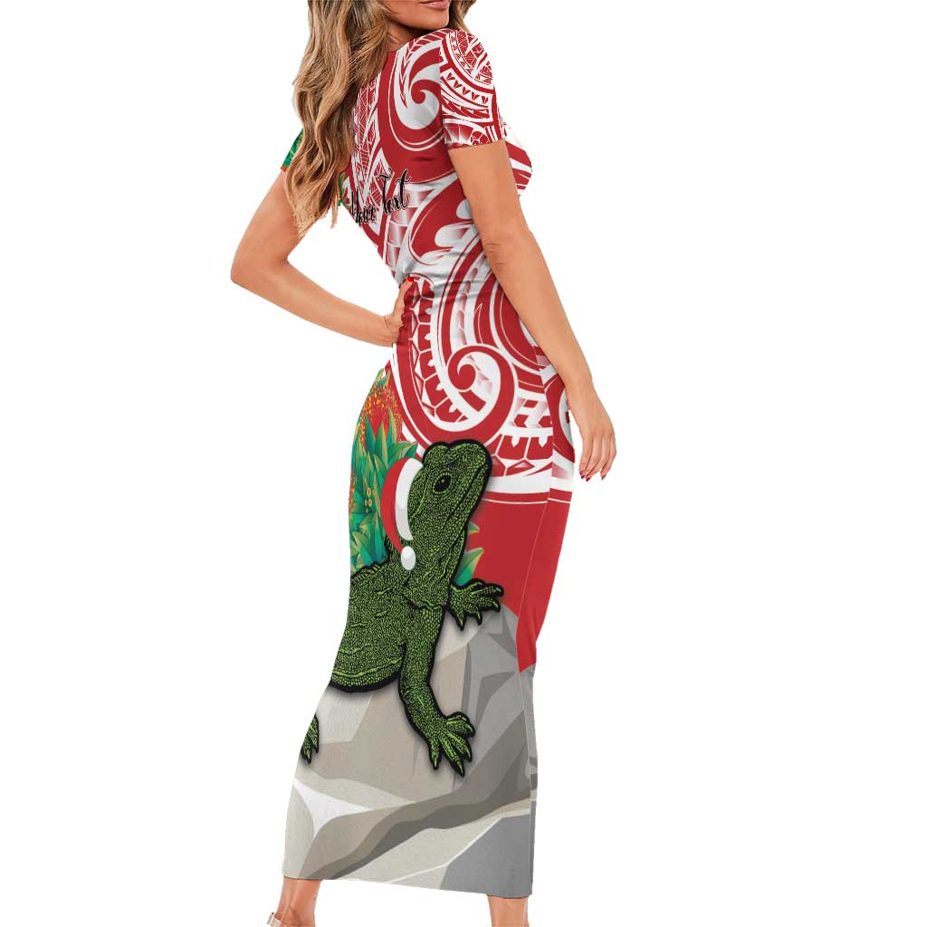 Personalised New Zealand Tuatara Christmas Short Sleeve Bodycon Dress Meri Kirihimete Aotearoa Maori Mix Pohutukawa