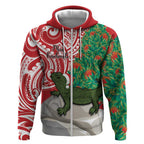 Personalised New Zealand Tuatara Christmas Zip Hoodie Meri Kirihimete Aotearoa Maori Mix Pohutukawa