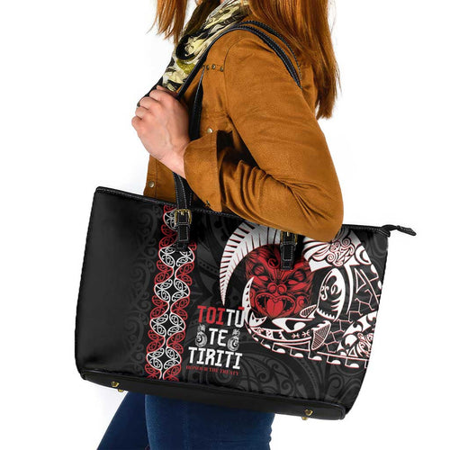Aotearoa Toitu Te Tiriti Leather Tote Bag Honour The Treaty Maori Haka