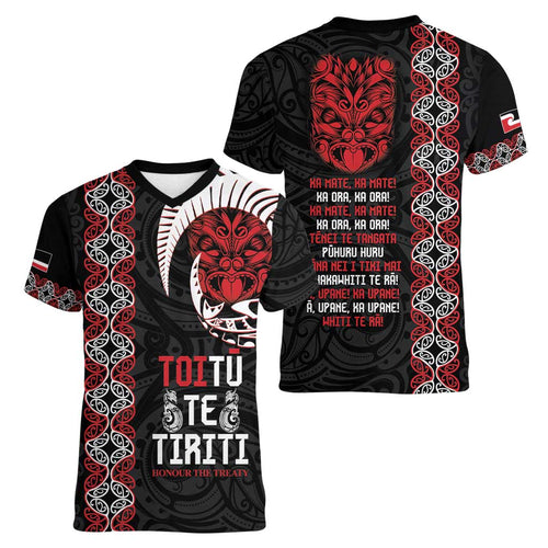 Aotearoa Toitu Te Tiriti Women V-Neck T-Shirt Honour The Treaty Maori Haka