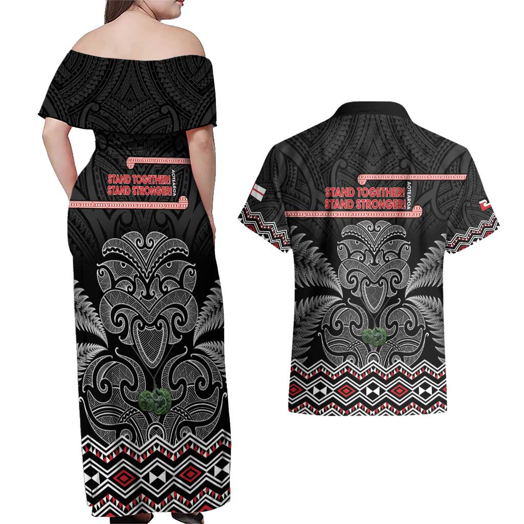Aotearoa Toitu Te Tiriti Couples Matching Off Shoulder Maxi Dress and Hawaiian Shirt Stand Together! Stand Stronger! - NZ Tiki