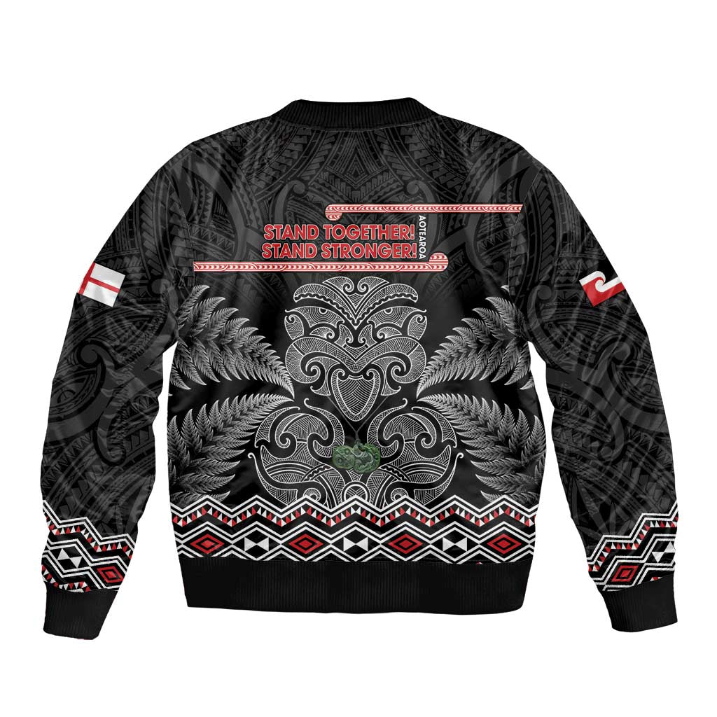 Aotearoa Toitu Te Tiriti Sleeve Zip Bomber Jacket Stand Together! Stand Stronger! - NZ Tiki
