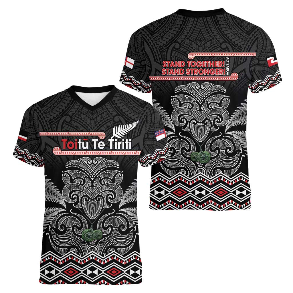 Aotearoa Toitu Te Tiriti Women V-Neck T-Shirt Stand Together! Stand Stronger! - NZ Tiki