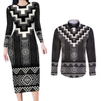Black Taniko Aotearoa Couples Matching Long Sleeve Bodycon Dress and Long Sleeve Button Shirt Niho Taniwha Mix Poutama LT14