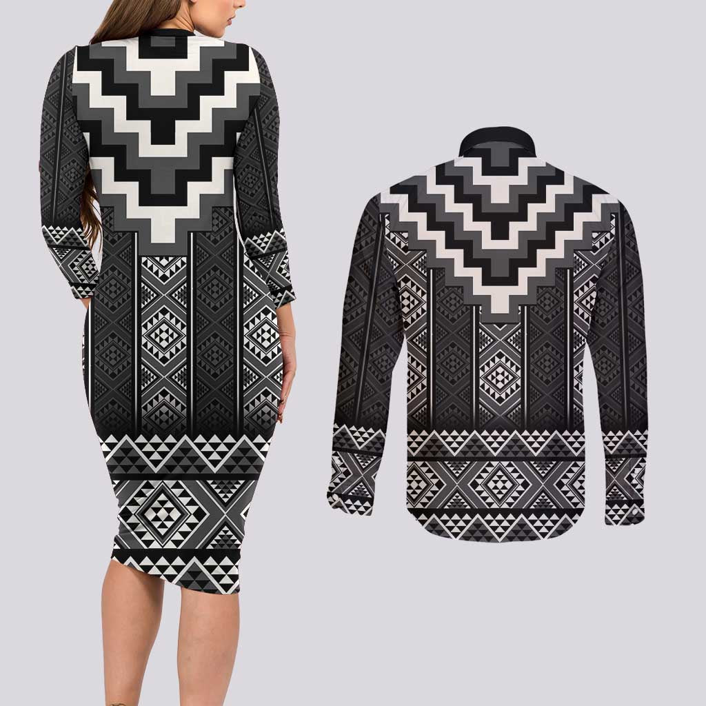 Black Taniko Aotearoa Couples Matching Long Sleeve Bodycon Dress and Long Sleeve Button Shirt Niho Taniwha Mix Poutama LT14