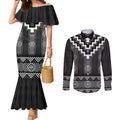 Black Taniko Aotearoa Couples Matching Mermaid Dress and Long Sleeve Button Shirt Niho Taniwha Mix Poutama LT14