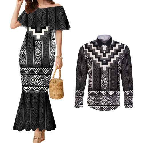 Black Taniko Aotearoa Couples Matching Mermaid Dress and Long Sleeve Button Shirt Niho Taniwha Mix Poutama LT14