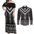Black Taniko Aotearoa Couples Matching Off Shoulder Maxi Dress and Long Sleeve Button Shirt Niho Taniwha Mix Poutama LT14