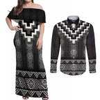 Black Taniko Aotearoa Couples Matching Off Shoulder Maxi Dress and Long Sleeve Button Shirt Niho Taniwha Mix Poutama LT14